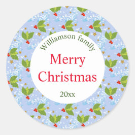 Holly besries en bladpatroon Merry Kerstmis Ronde Sticker