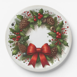 Holly, bessen, pinecones en rode strik Kerstmis Papieren Bordje