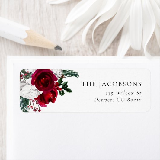 HOLLY Burgundy Floral Kerstmis Adres Etiket (Insitu)