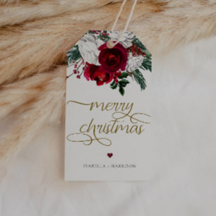 HOLLY Burgundy Gold Floral Merry Kerstry Cadeaulabel