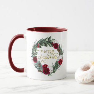 HOLLY Burgundy Winter Floral Merry Kerstmis Mok