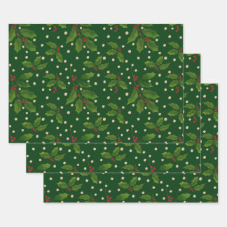 Holly cadeau wrap 3 pack inpakpapier vel