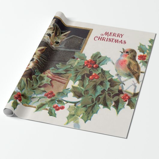 Holly Cats en vogelkerst Cadeaupapier (Uitgerold)