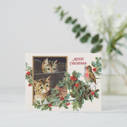 Holly Cats en vogelkerst Feestdagenkaart (Staand voorkant)