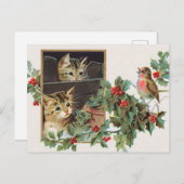  Holly Cats en vogelkerst Feestdagenkaart (Voorkant / Achterkant)