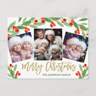 Holly Christmas Holiday 4 PHOTO Grey Carte postale