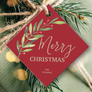 Holly en Berries op Red Merry-kerstplein Bedankjes Labels
