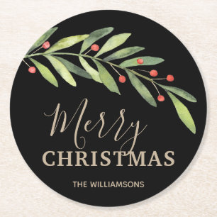 Holly en Berries op zwarte kerst Ronde Kartonnen Onderzetter