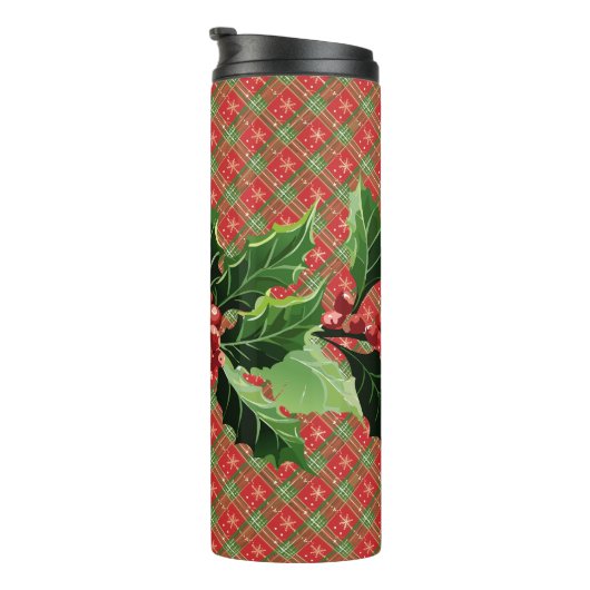 Holly en bessen op rode kerstplakken thermosbeker (Geroteerd rechts)