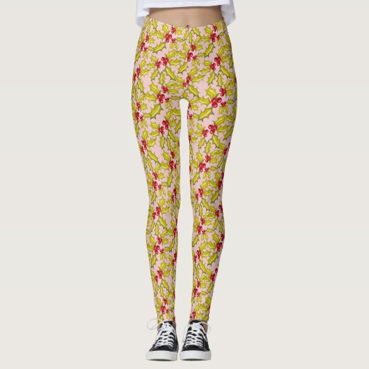 Holly en bessen op roze feestelijke Whimsy Christm Leggings (Voorkant)