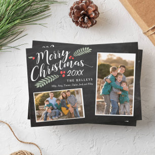 Holly en Bessen Prettig Kerstmis Twee Foto's Feestdagenkaart