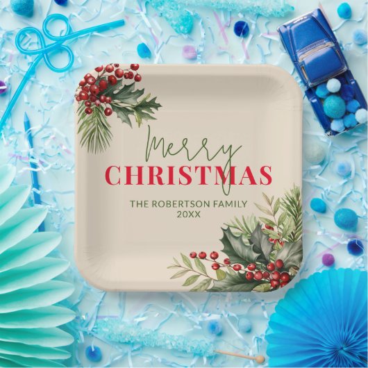 Holly en Pine op Beige Kerstfeest Papieren Bordje (Feest)