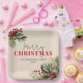 Holly en Pine op Beige Kerstfeest Papieren Bordje (Feest)