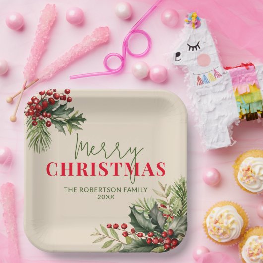 Holly en Pine op Beige Kerstfeest Papieren Bordje (Feest)