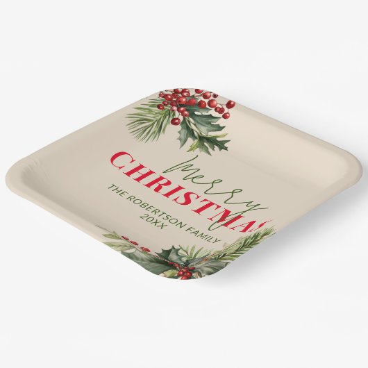 Holly en Pine op Beige Kerstfeest Papieren Bordje (Gebogen)