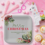 Holly en Pine op Grijs Kerstfeest Papieren Bordje (Feest)