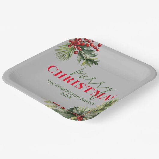 Holly en Pine op Grijs Kerstfeest Papieren Bordje (Gebogen)