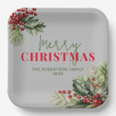 Holly en Pine op Grijs Kerstfeest Papieren Bordje (Voorkant)