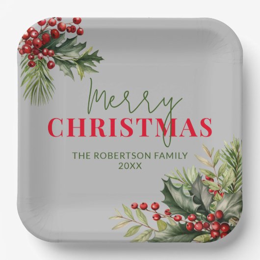 Holly en Pine op Grijs Kerstfeest Papieren Bordje (Voorkant)