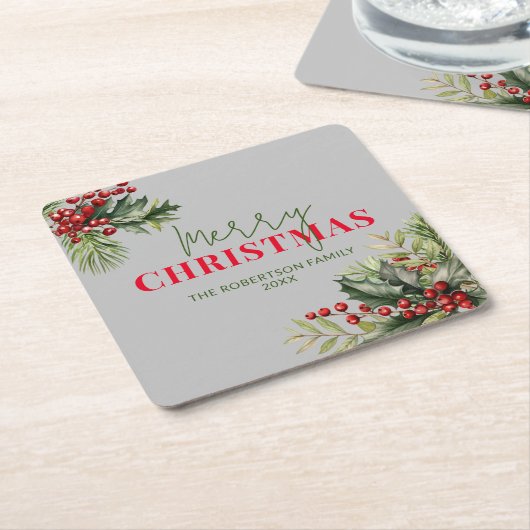 Holly en Pine op Grijs Kerstfeest Vierkante Kartonnen Onderzetter (Schuin)