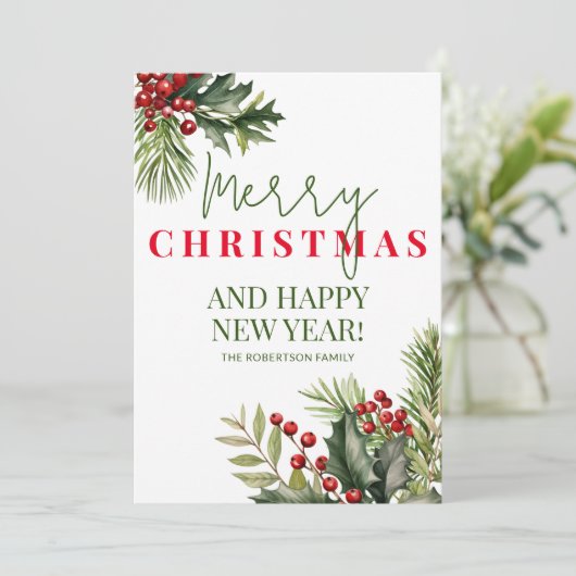 Holly en Pine Red Berries Witte Kerst Kaart (Staand voorkant)