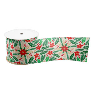 Holly en Poinsettia Botanisch vakantiepatroon Lint