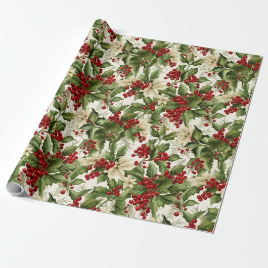 Holly en Poinsettias Cadeaupapier (Uitgerold)