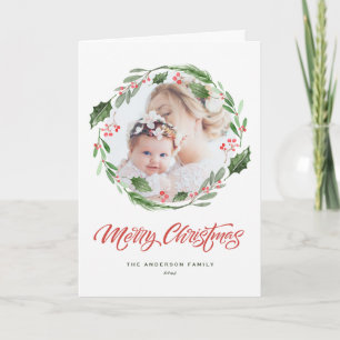 Holly Greenery Krans Cirkel Foto Vrolijk Kerstfees Feestdagen Kaart