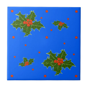 Holly (Ilex) kerstmotif op feestblauw Tegeltje