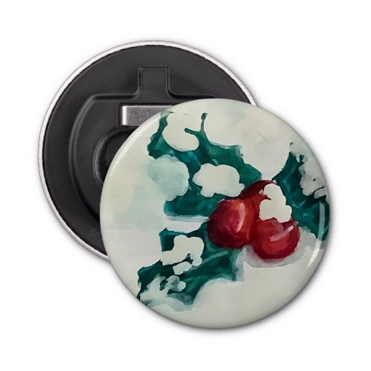 Holly in de sneeuw button flesopener (Voorkant)