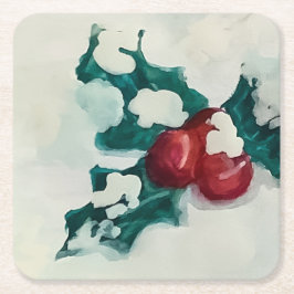 Holly in de sneeuw vierkante kartonnen onderzetter