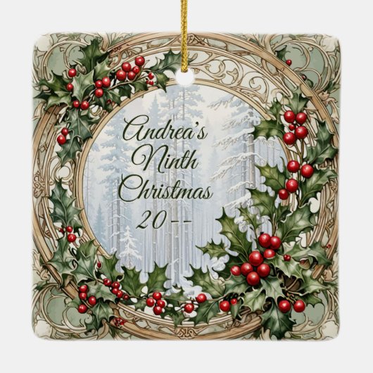 Holly ingelijst Custom Christmas Photo Square Keramisch Ornament (Achterkant)
