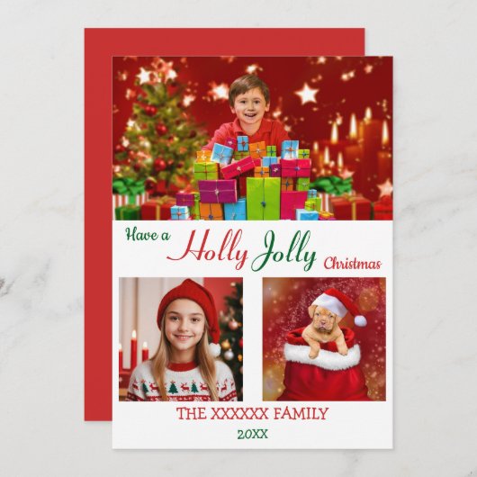 Holly Jolly 3 Foto Kerst Chic Goud Confetti Feestdagenkaart (Voorkant / Achterkant)