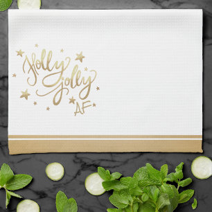 Holly Jolly AF   Glanzend Goud Faux Folie Script Theedoek