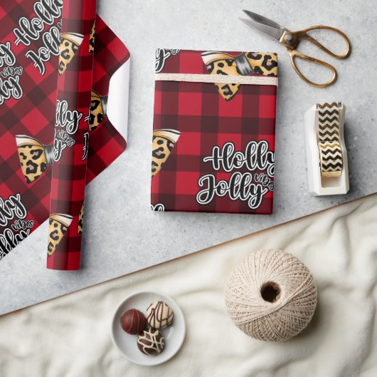 Holly Jolly Buffalo Plaid Kerstmis & Luipaard Boge Cadeaupapier (Crafts)