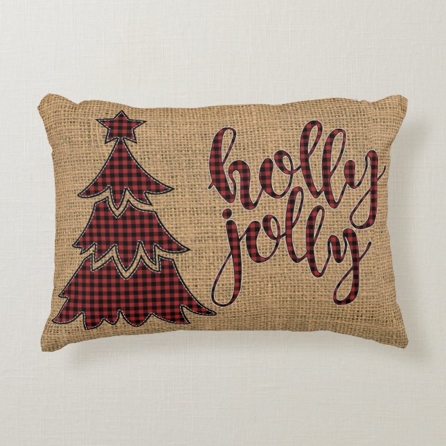 holly jolly burlap FAUX, Coussin d'arbre plaid (Devant)