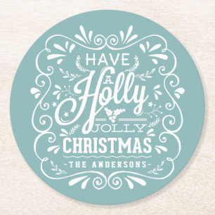 Holly Jolly Christmas Chalk Art Holiday Party Blau Ronde Kartonnen Onderzetter