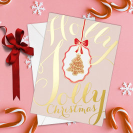Holly Jolly Christmas Foil Holiday Card Soft Pink Folie Feestdagenkaart