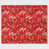 Holly Jolly Christmas Red Candy Cane Gold Bows Cadeaupapier (Vlak)