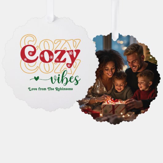 Holly Jolly Cozy Vibes Retro Christmas Photo Ornament Kaart (Voorkant / Achterkant)