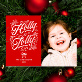 Holly Jolly Familienaam & Foto Kerstmis Feestdagenkaart