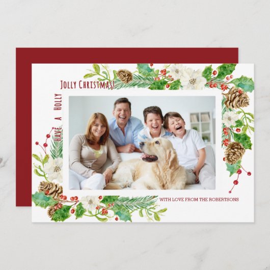 Holly Jolly Floral Kerst Eenvoudig en Modern Kaart (Voorkant / Achterkant)