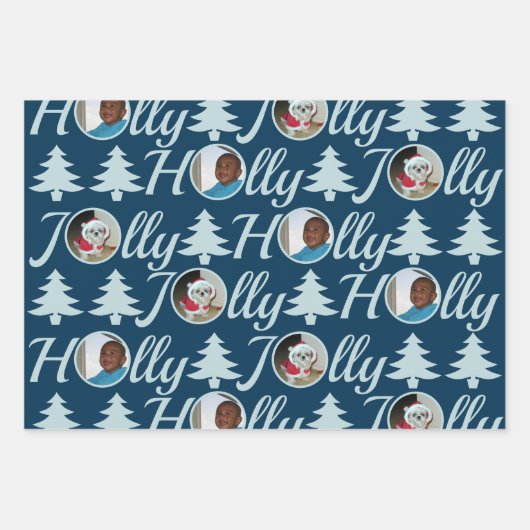 Holly Jolly Foto Collage Dark Blue Kerstmis Inpakpapier Vel (Voorkant)