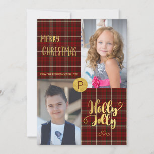 Holly Jolly Gold Script Tartan 2 Photos Christmas Feestdagenkaart