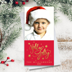 Holly Jolly Kerstfoto   Whimsical rood goud Feestdagenkaart