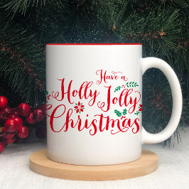 Holly Jolly Kerstmis Red Script Holiday Tweekleurige Koffiemok