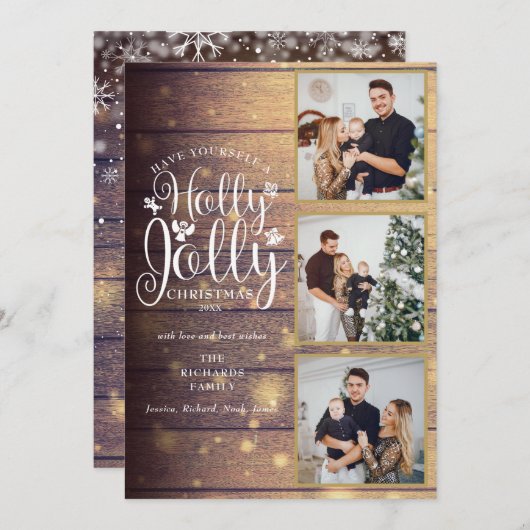 Holly Jolly Rustic Houten 3 Foto Collage Feestdagenkaart (Voorkant / Achterkant)
