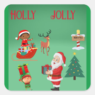  HOLLY JOLLY SANTA AND ELVES CHRISTMAS  VIERKANTE STICKER