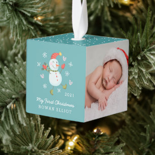 Holly Jolly Snowman Baby's Eerste Kerstmis Kubus Ornament