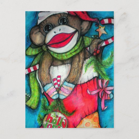 Holly Jolly Sock Monkey Feestdagenkaart (Voorkant)